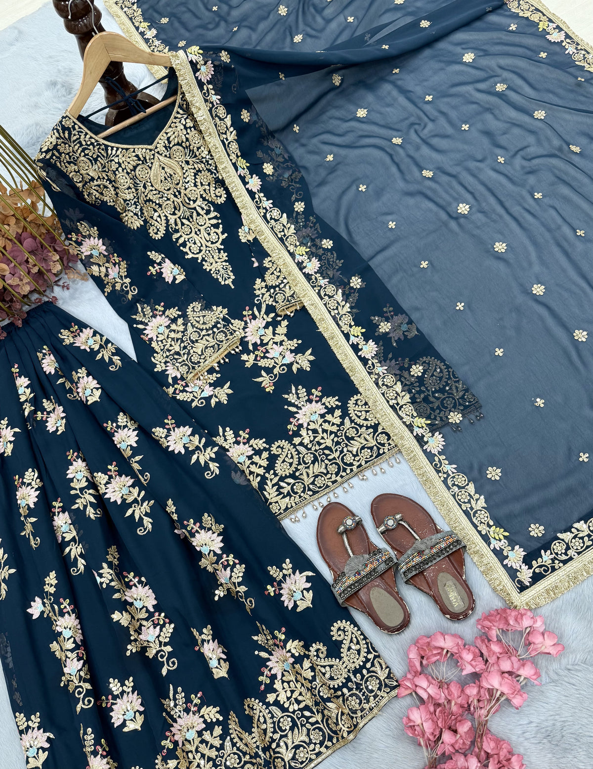 Teal Blue Georgette Heavy Work Kurta Palazzo Set, view 6