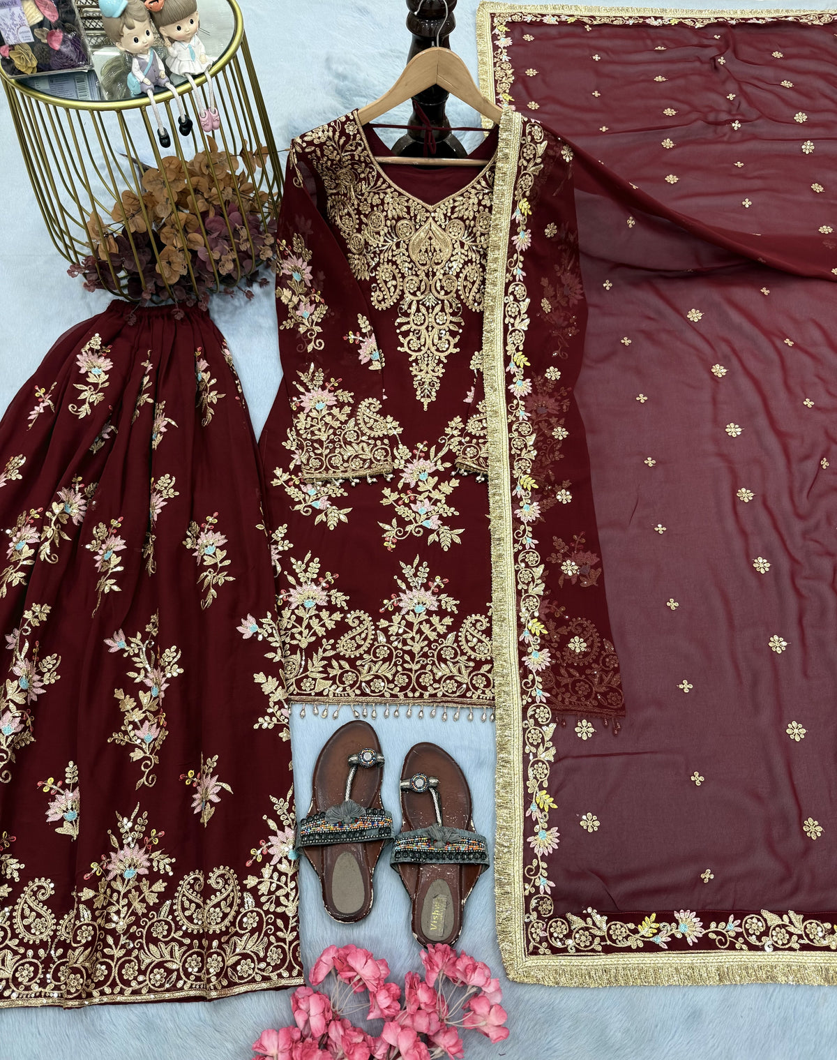 Maroon Georgette Heavy Work Kurta Palazzo Set, view 4