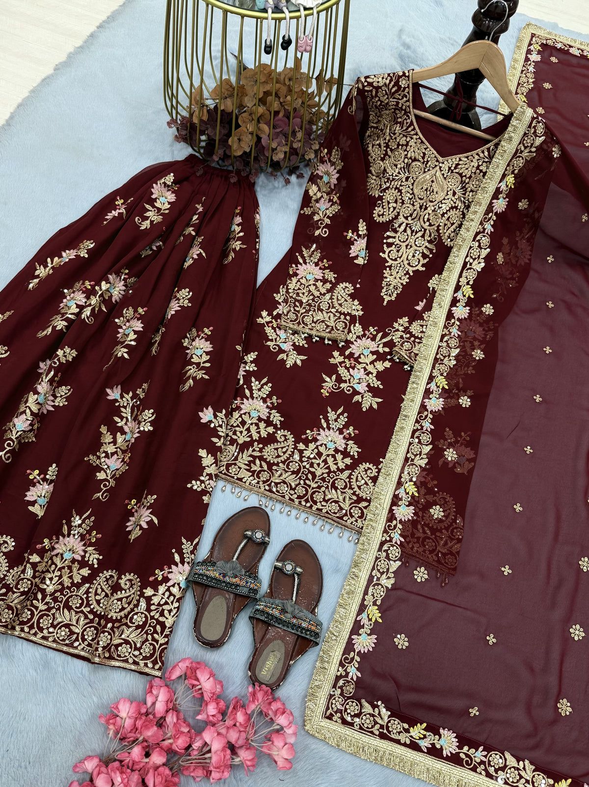 Maroon Georgette Heavy Work Kurta Palazzo Set, view 5