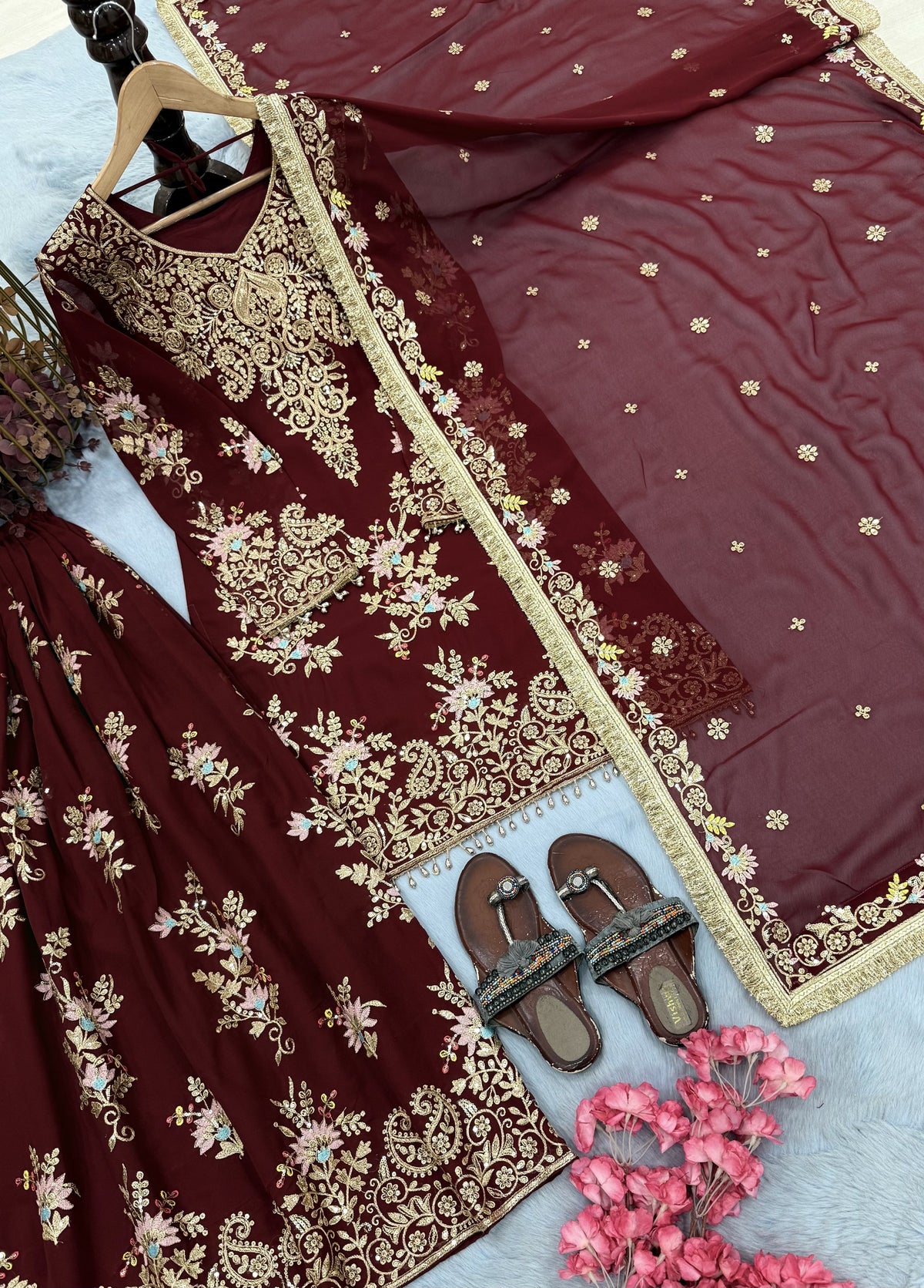 Maroon Georgette Heavy Work Kurta Palazzo Set, view 6