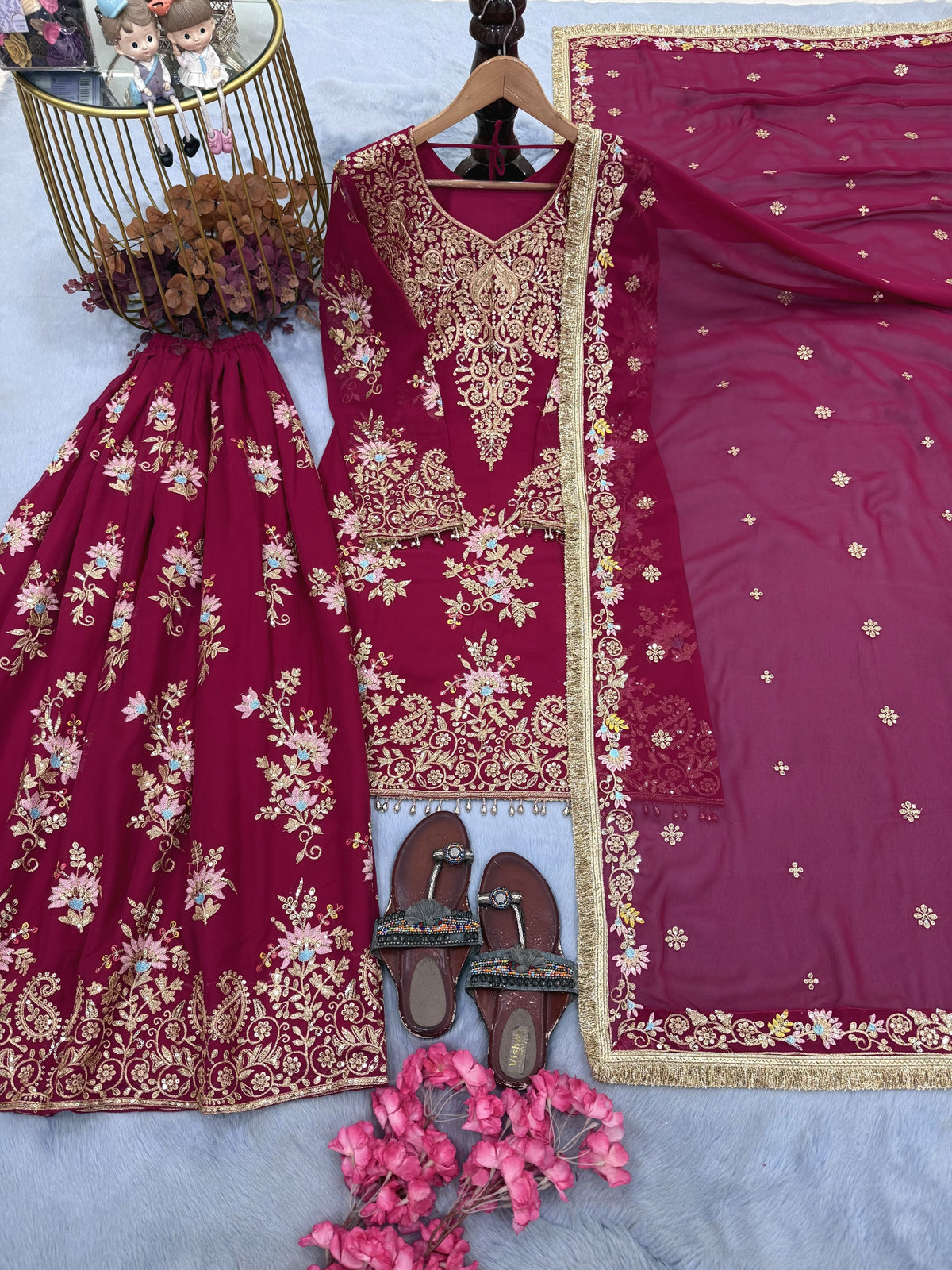 Rani Pink Georgette Heavy Work Kurta Palazzo Set, view 4