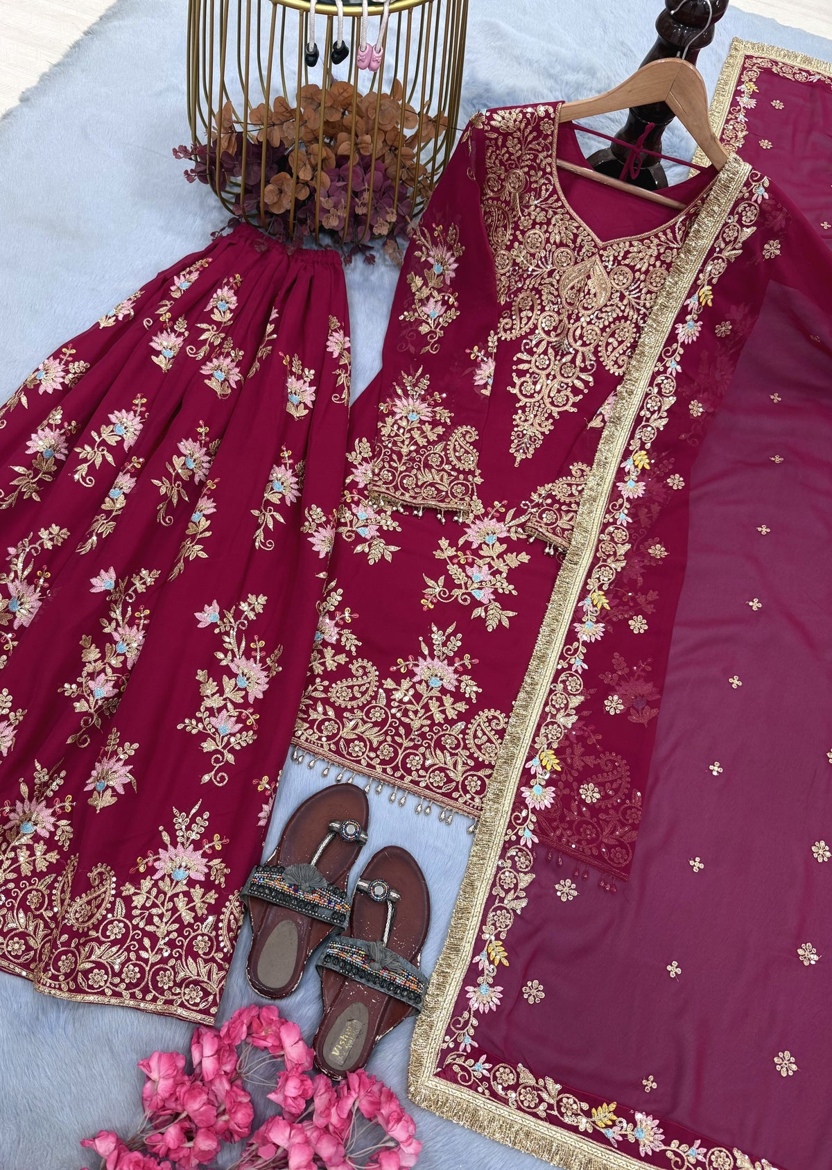 Rani Pink Georgette Heavy Work Kurta Palazzo Set, view 5