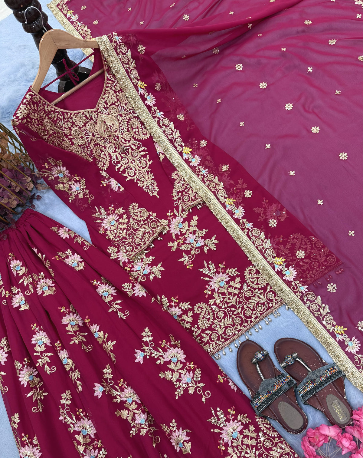 Rani Pink Georgette Heavy Work Kurta Palazzo Set, view 6