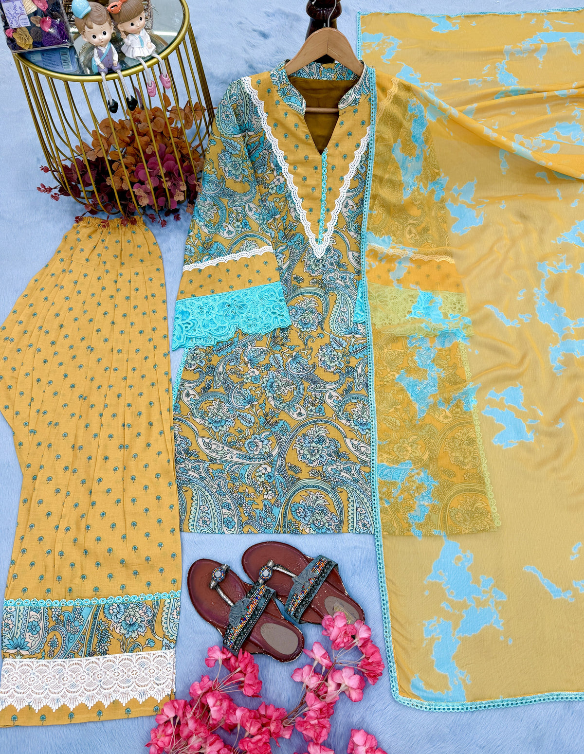 Aqua and Mustard Printed Cotton Farshi Set, view 5