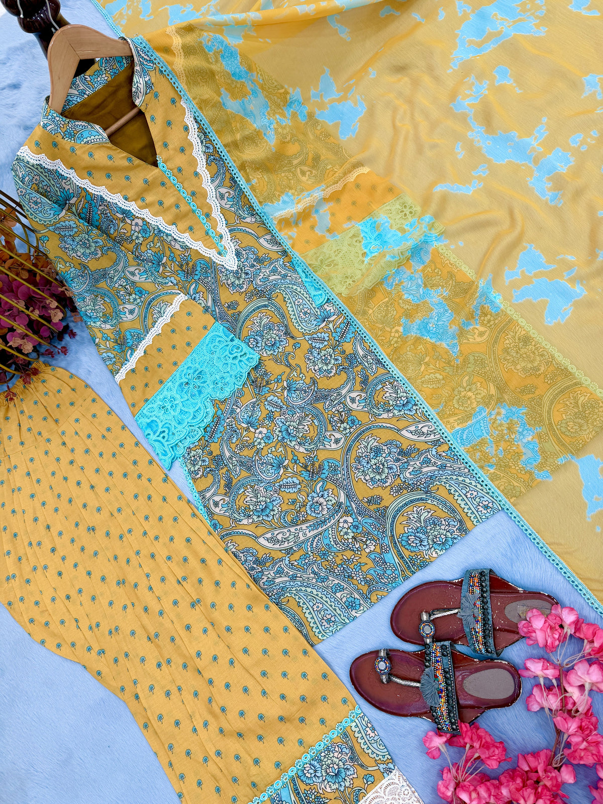 Aqua and Mustard Printed Cotton Farshi Set, view 6