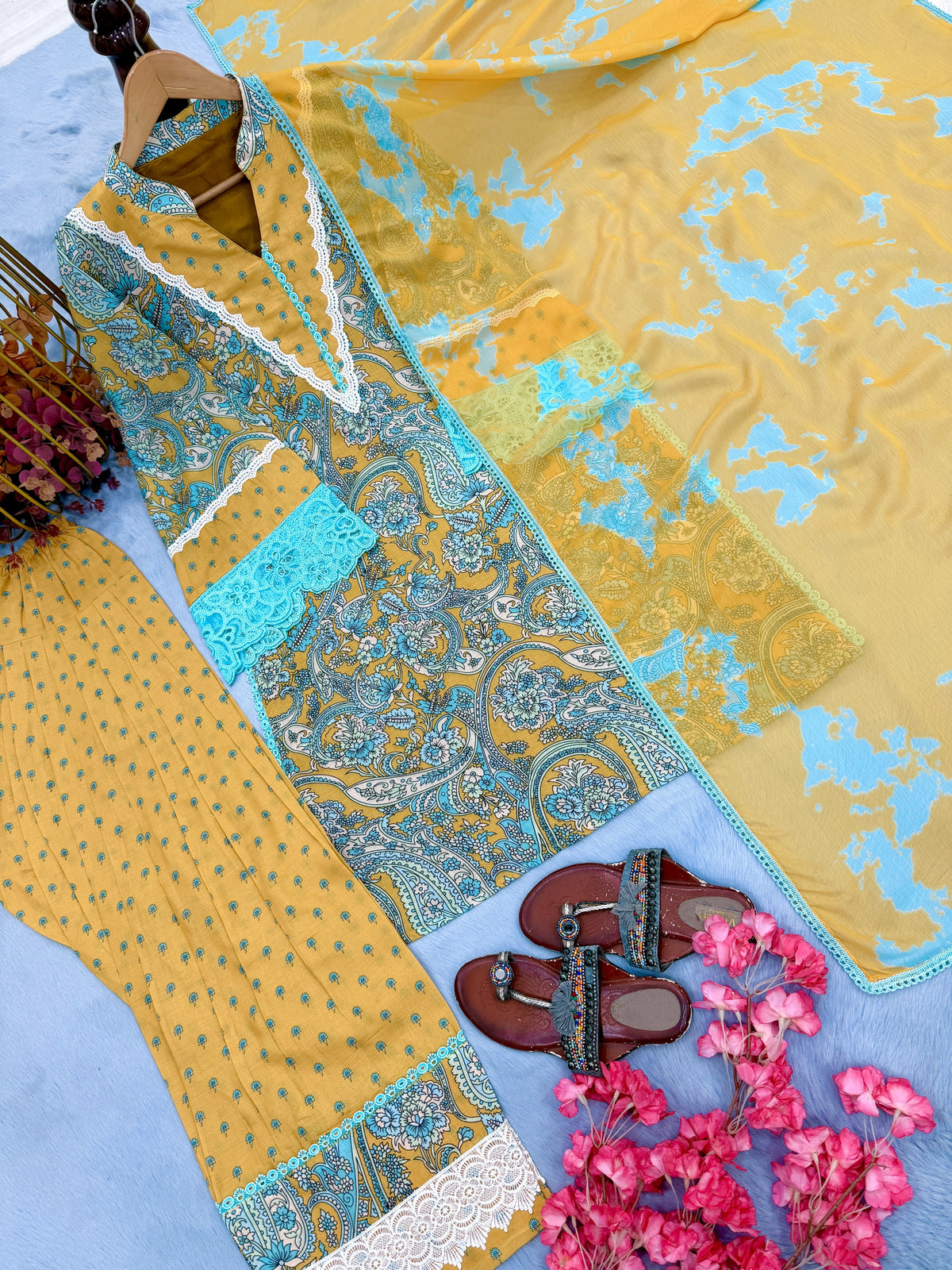 Aqua and Mustard Printed Cotton Farshi Set, view 7