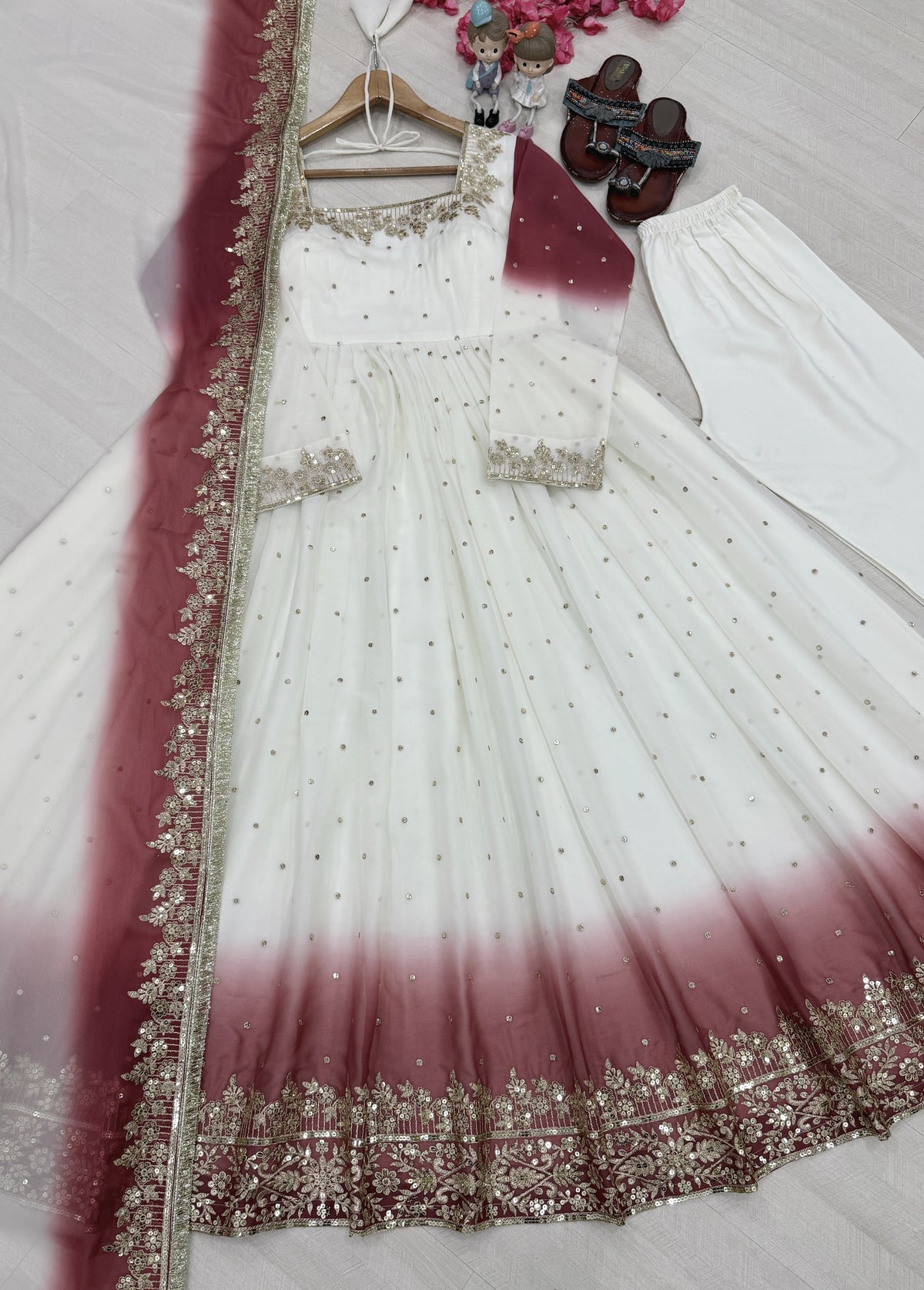 White and Maroon Georgette Anarkali Suit, view 5