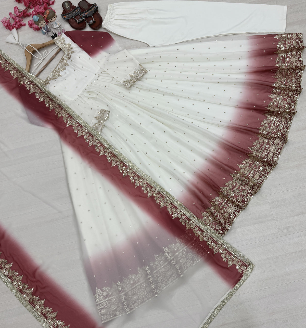 White and Maroon Georgette Anarkali Suit, view 6