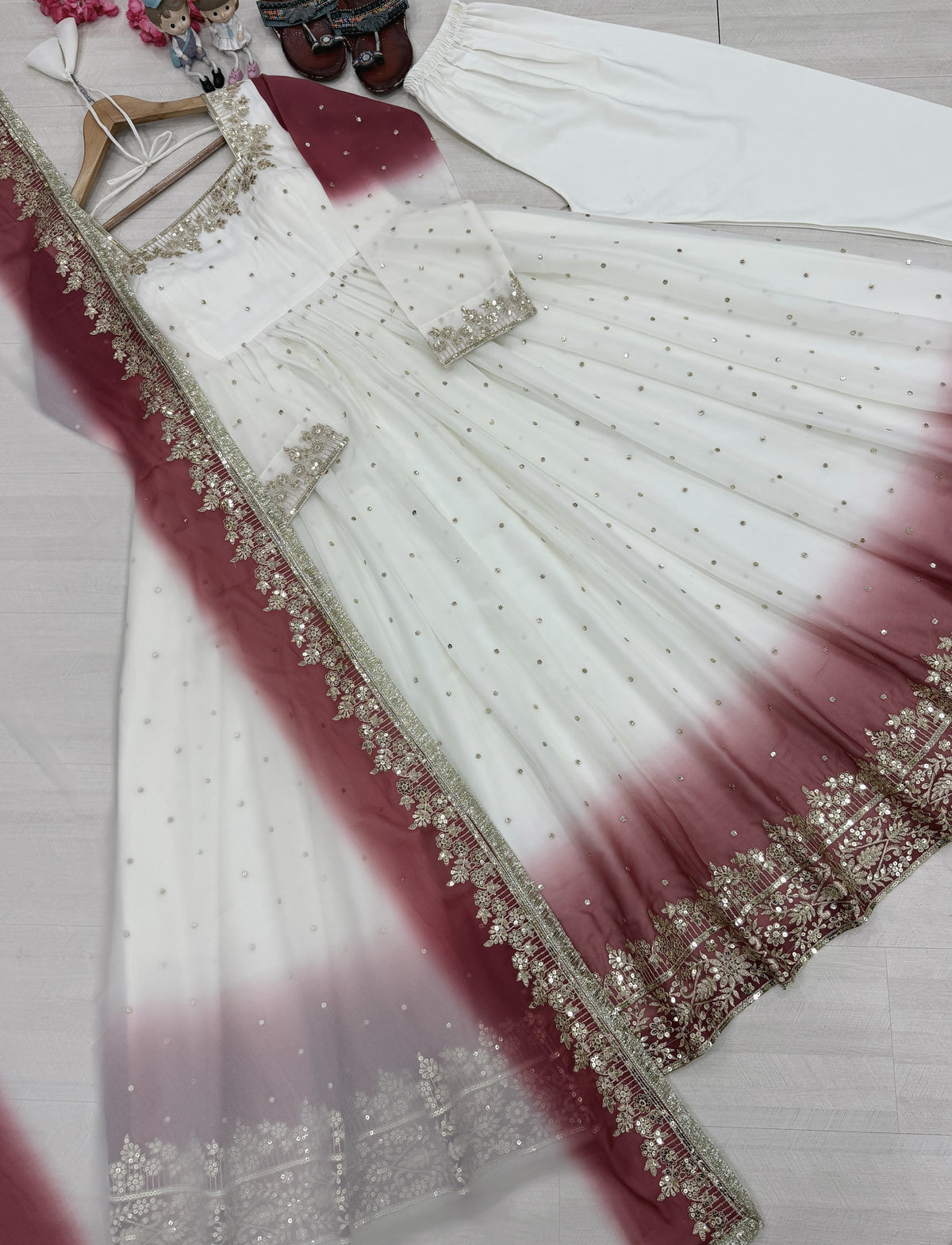 White and Maroon Georgette Anarkali Suit, view 7