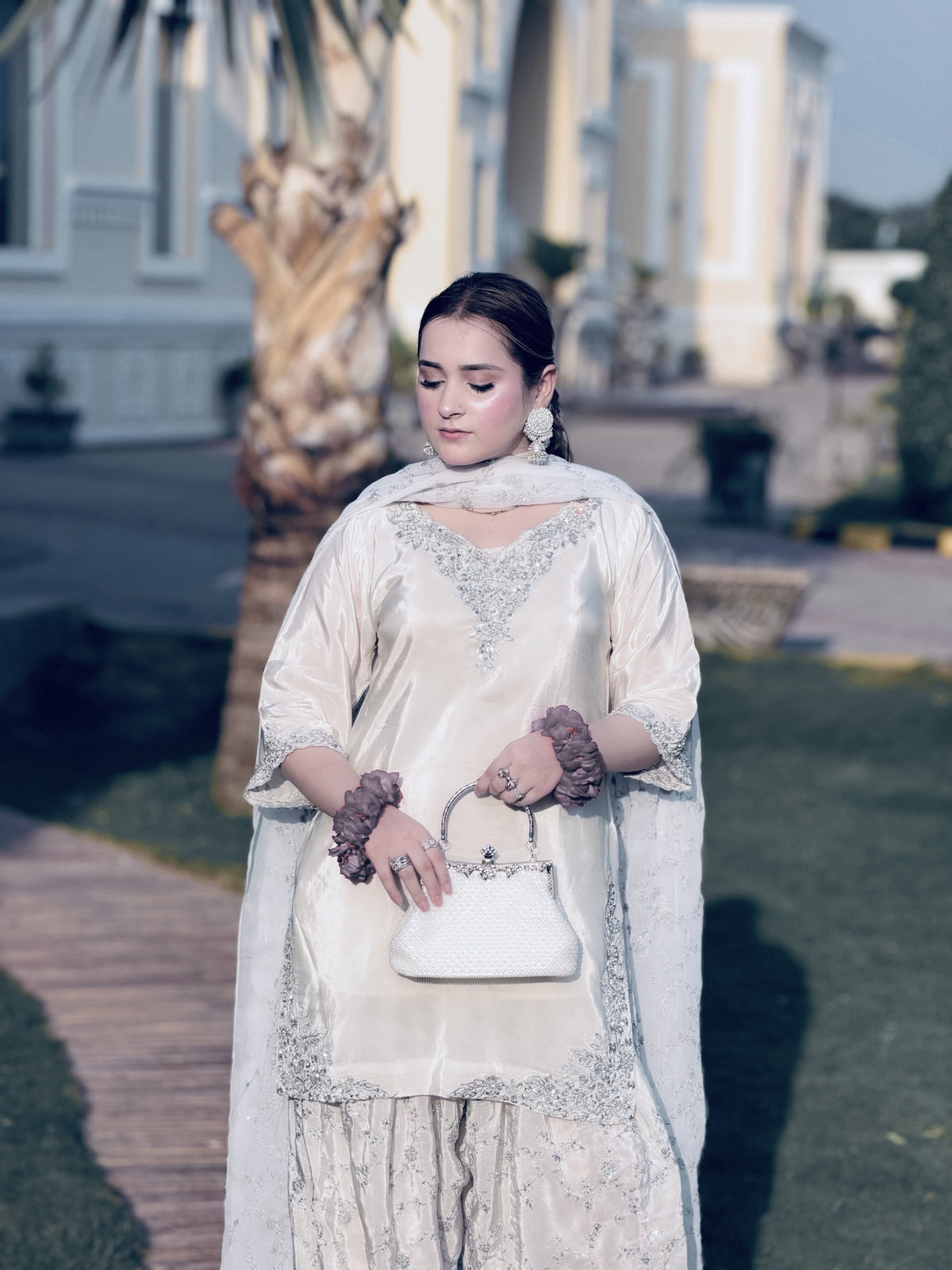 Ivory Crepe Kurta Farshi Palazzo Set, view 2