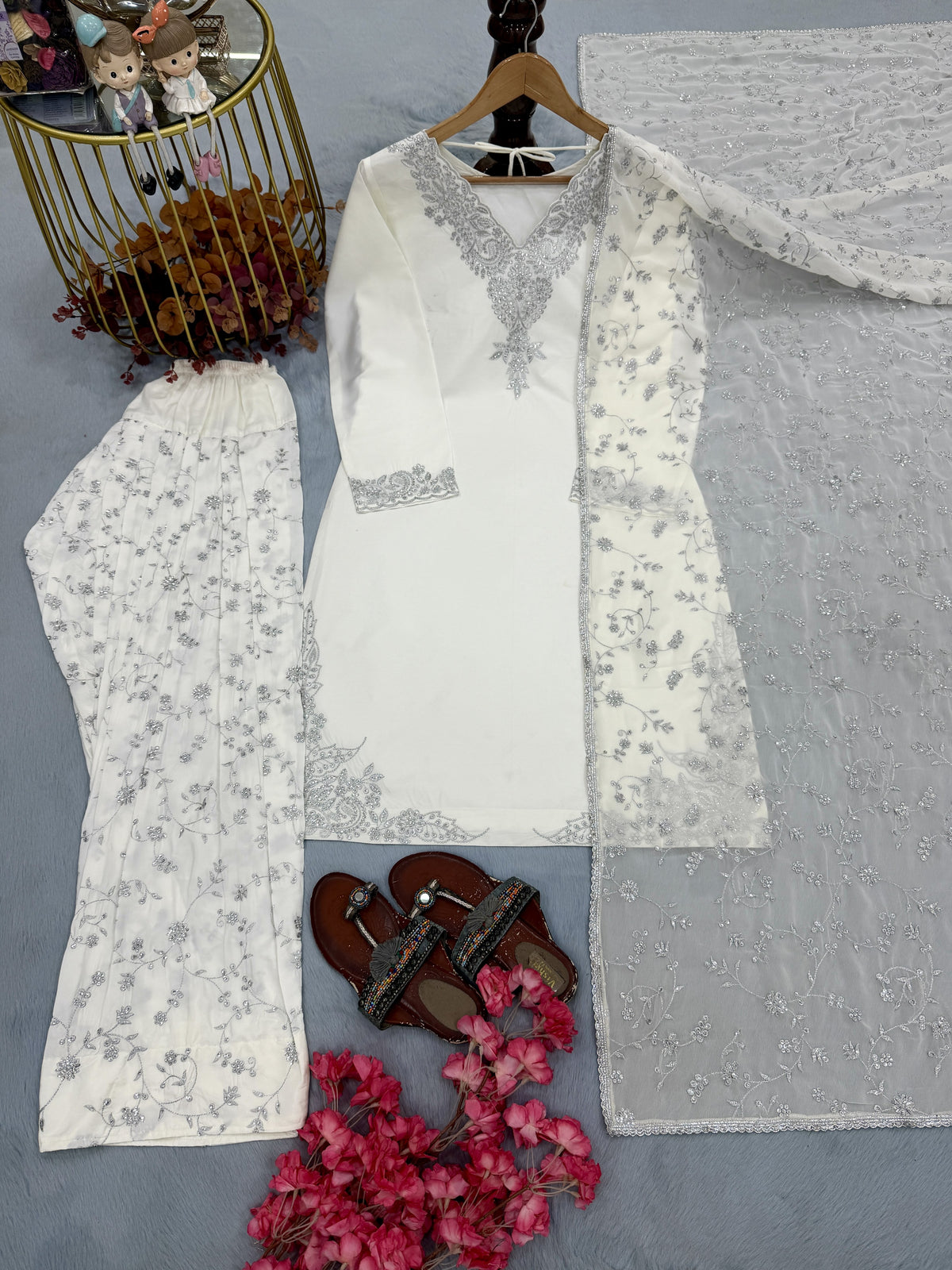 Ivory Crepe Kurta Farshi Palazzo Set, view 4