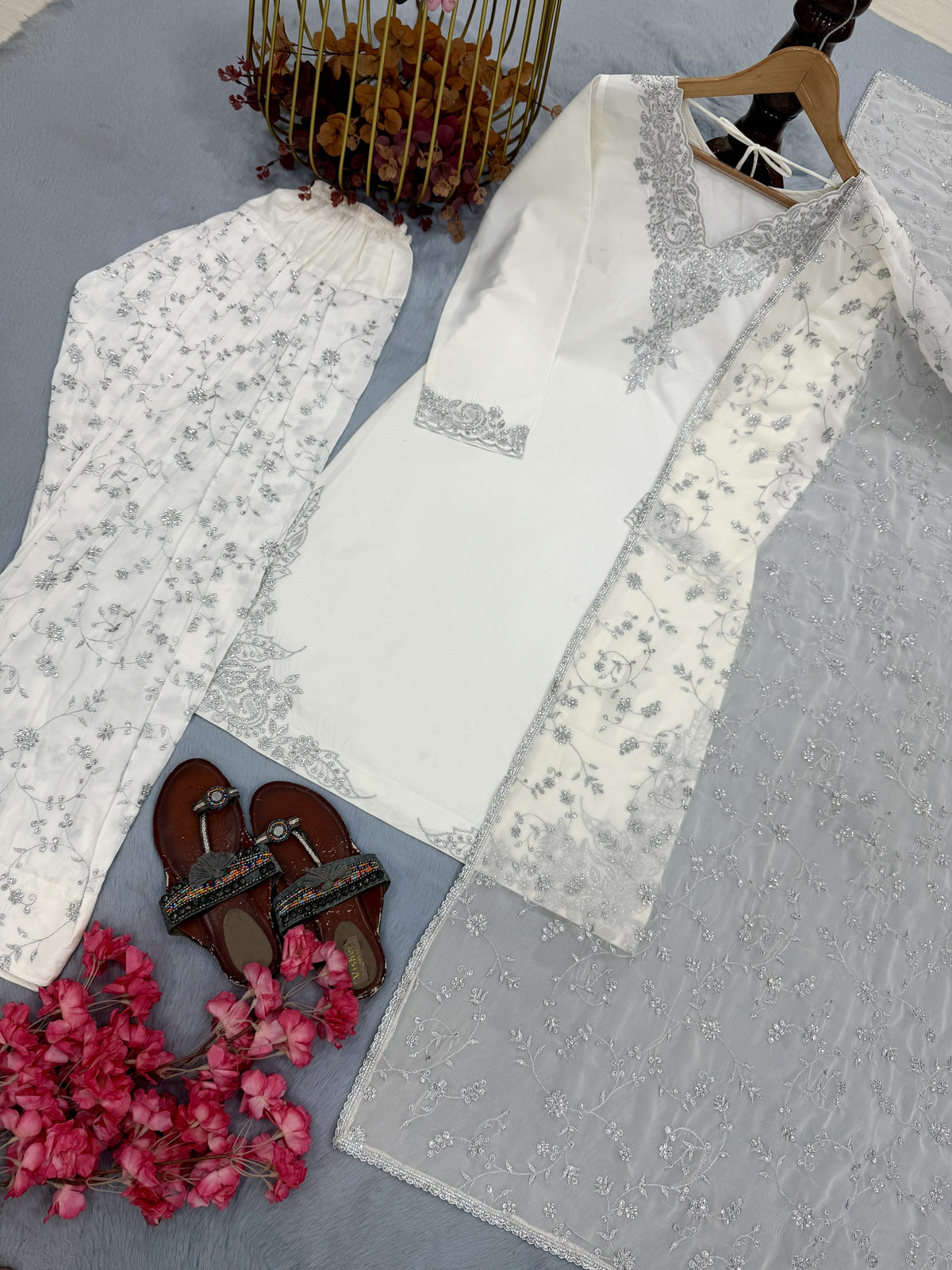 Ivory Crepe Kurta Farshi Palazzo Set, view 5