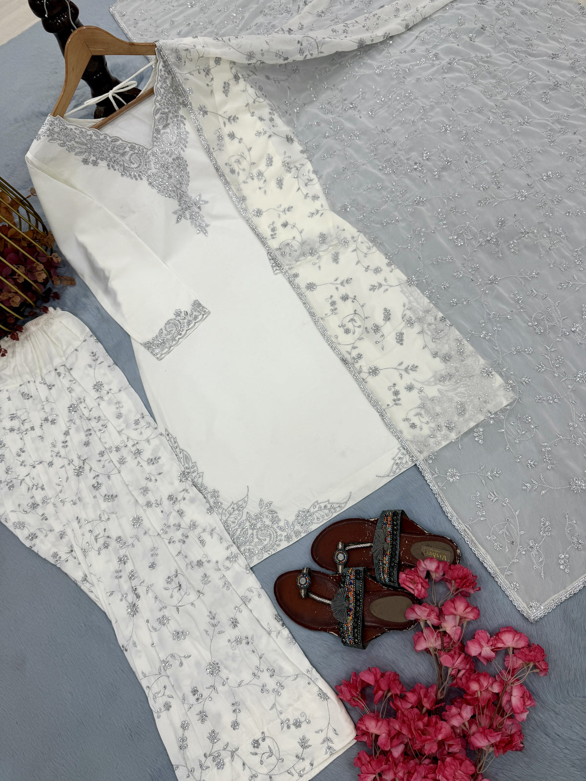 Ivory Crepe Kurta Farshi Palazzo Set, view 6