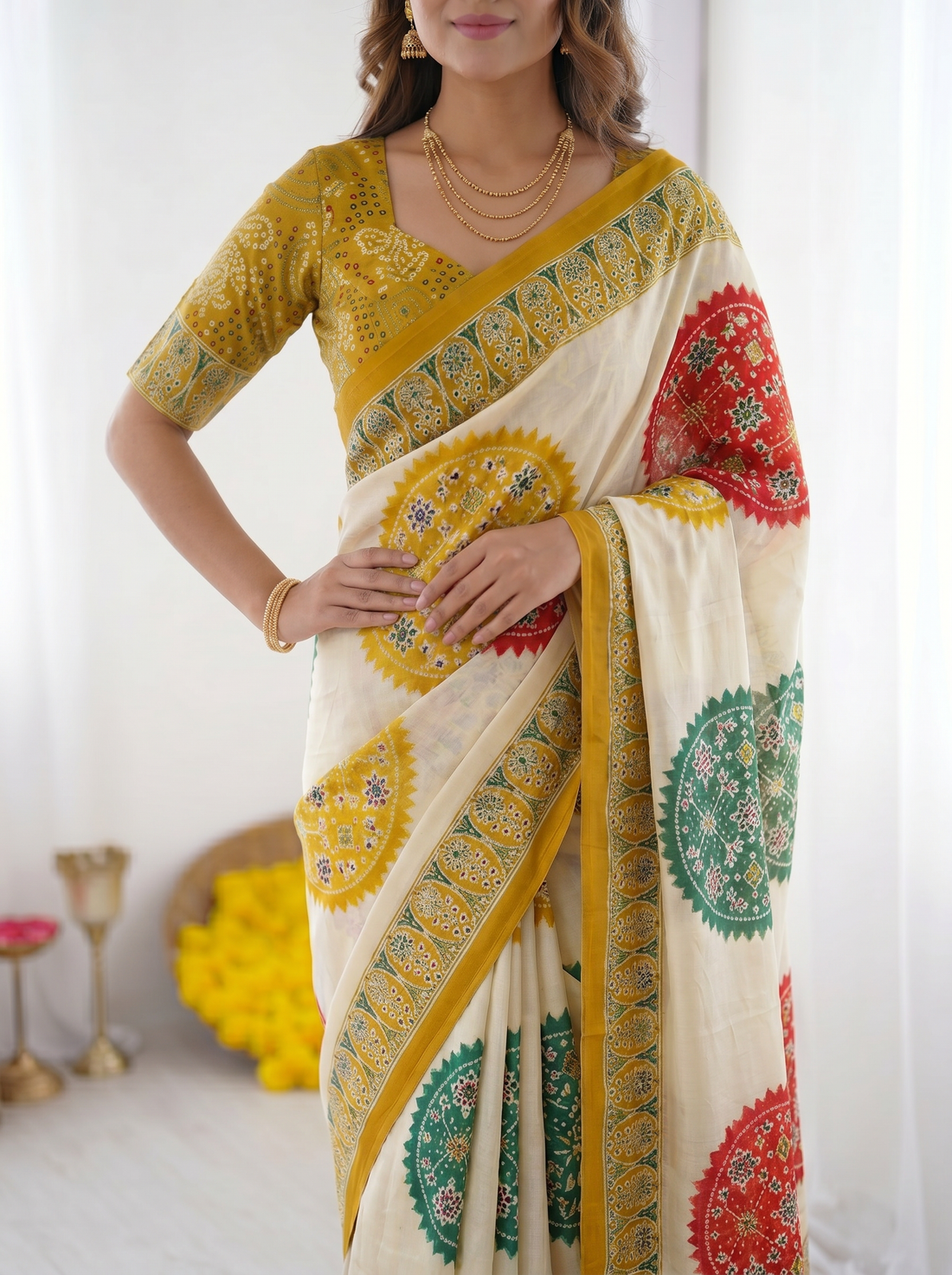 Ivory White & Mustard Yellow Pure Modal Silk Saree with Multicolor Mandala Print & Heritage Designer Pallu