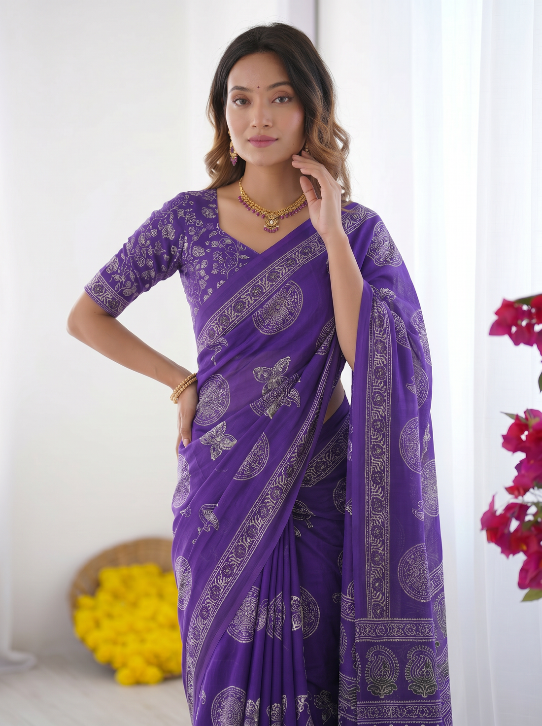 Royal Purple Modal Silk Saree with Circular Medallion Print