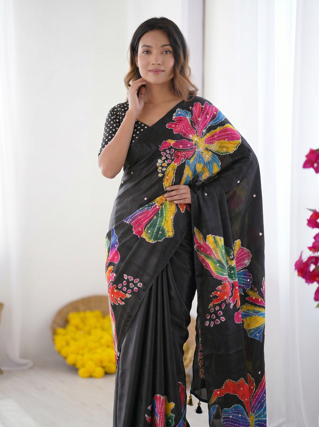 Black Modal Silk Saree with Multicolor Floral Art Print