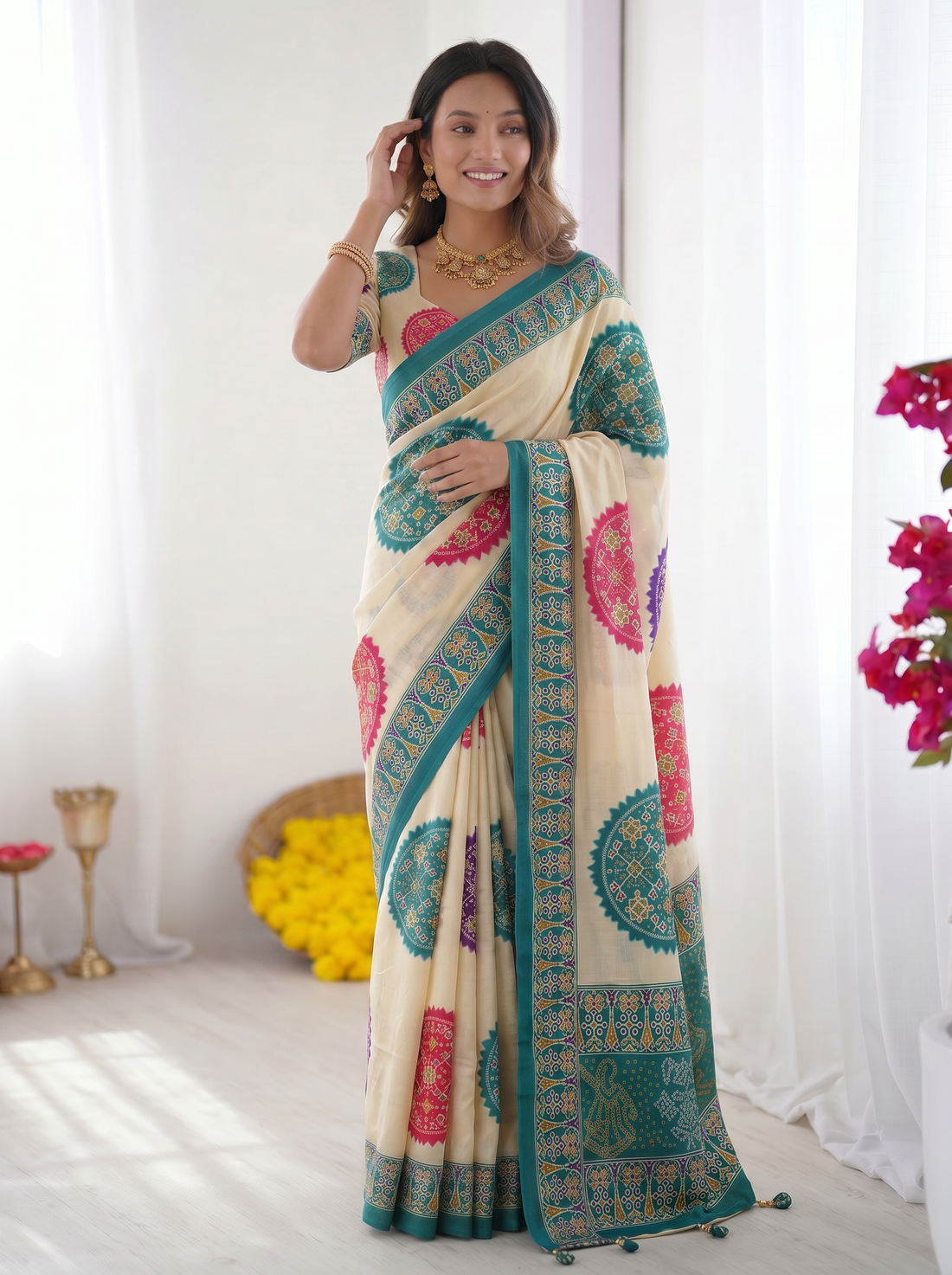 Ivory White & Turquoise Blue Pure Modal Silk Saree with Multicolor Mandala Print & Heritage Designer Pallu