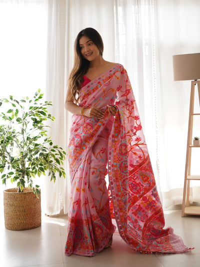 Peach Pink-Colored Floral Print Pashmina Cotton Saree