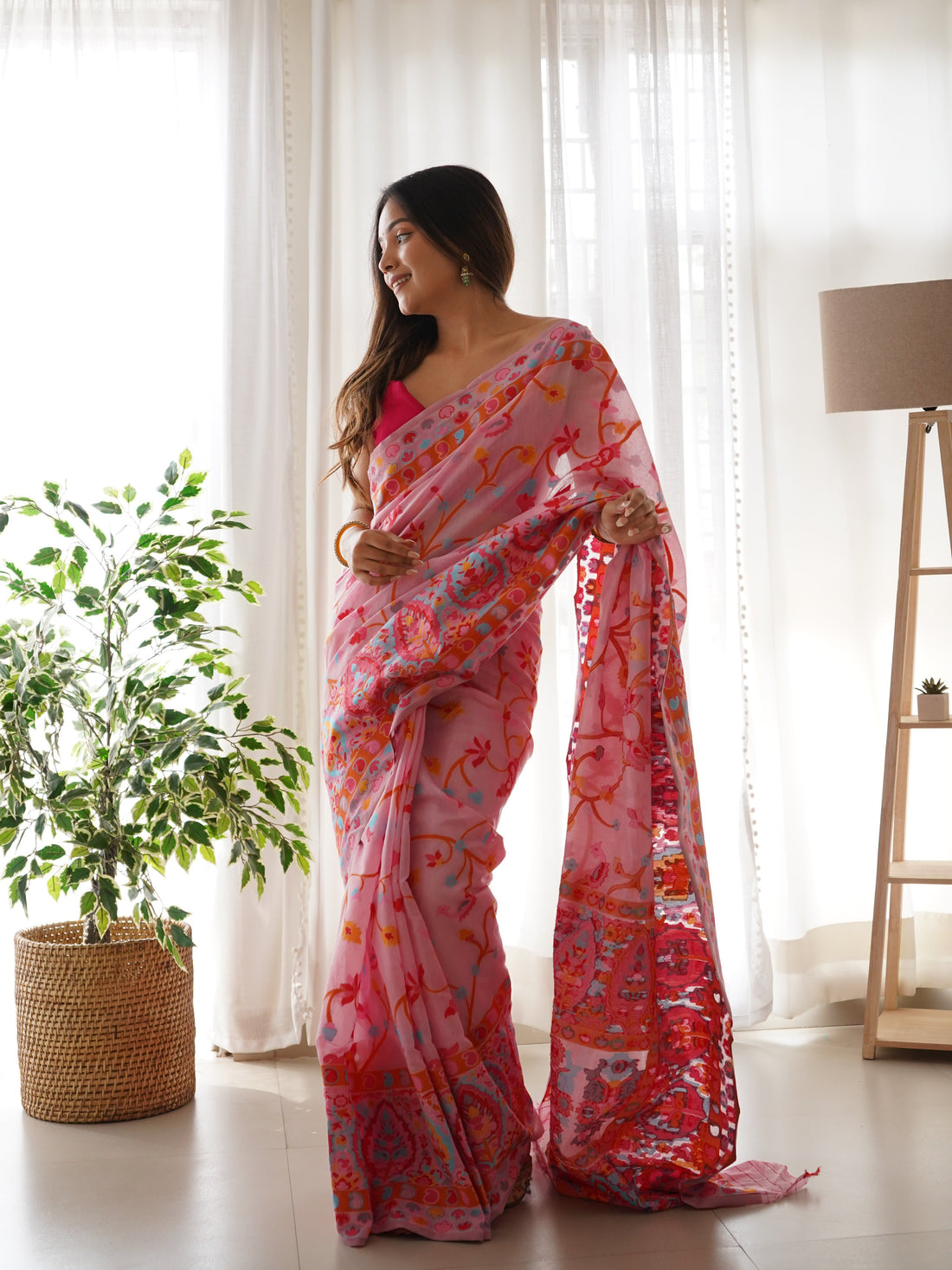 Peach Pink-Colored Floral Print Pashmina Cotton Saree