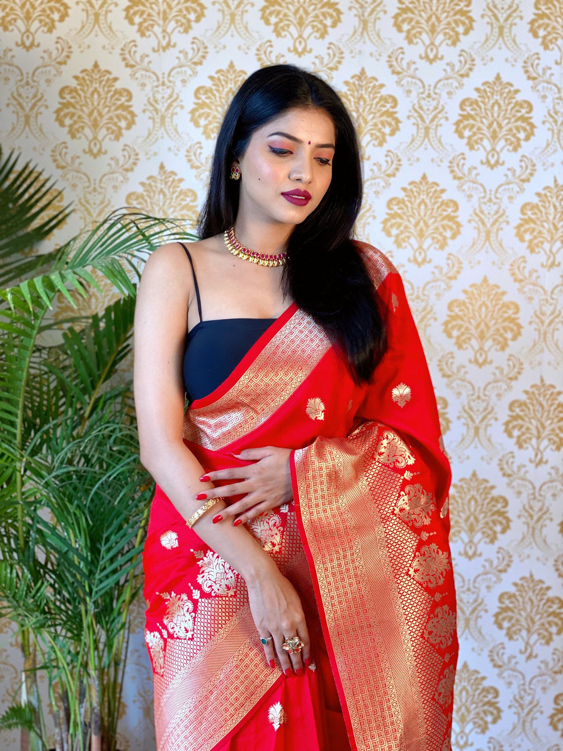 Red Color Zari Golden Weaving Rich Saree