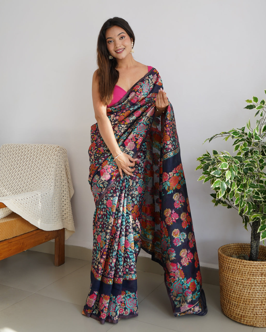 Navy Blue  - Colored Floral Print Pashmina Cotton Saree