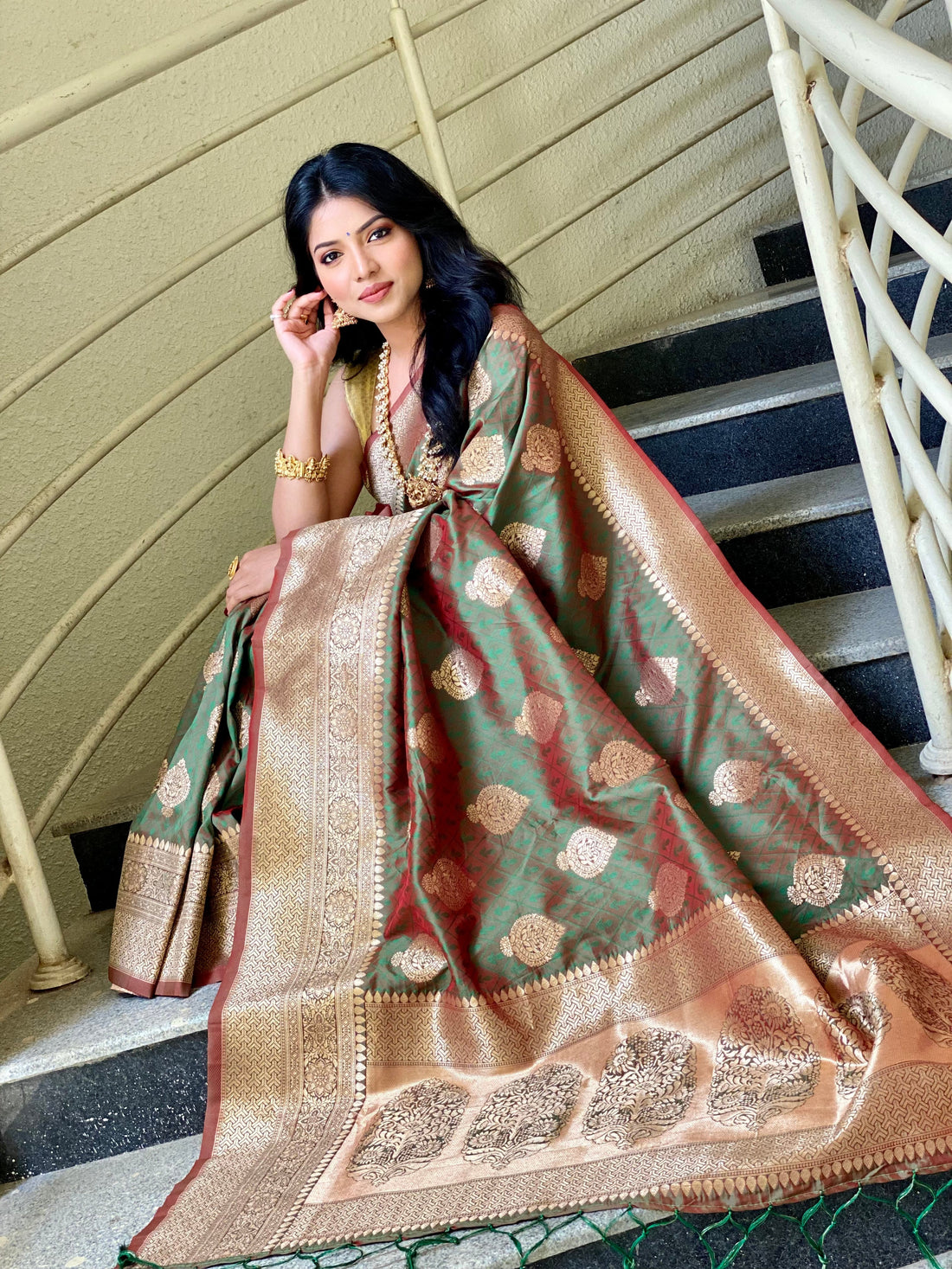 Green Color Zari Golden Weaving Rich Sare