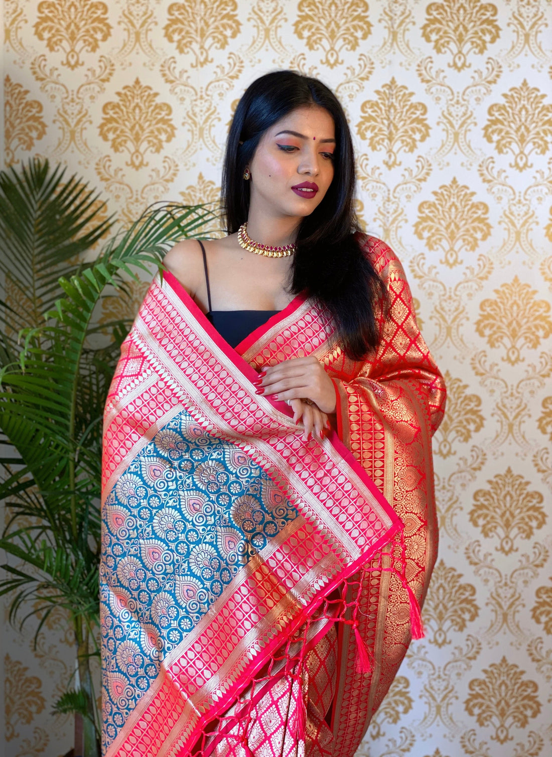 Coral Pink Color Zari Golden Weaving Rich Saree