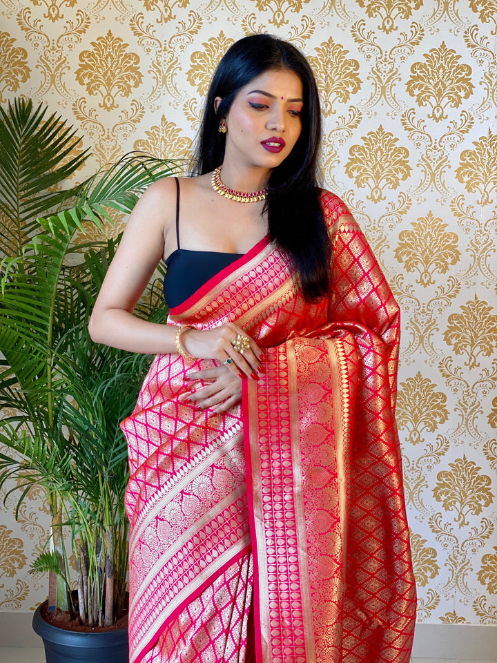 Coral Pink Color Zari Golden Weaving Rich Saree