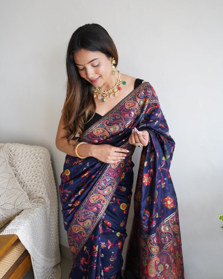 Navy Blue - Colored Floral Print Pashmina Cotton Saree