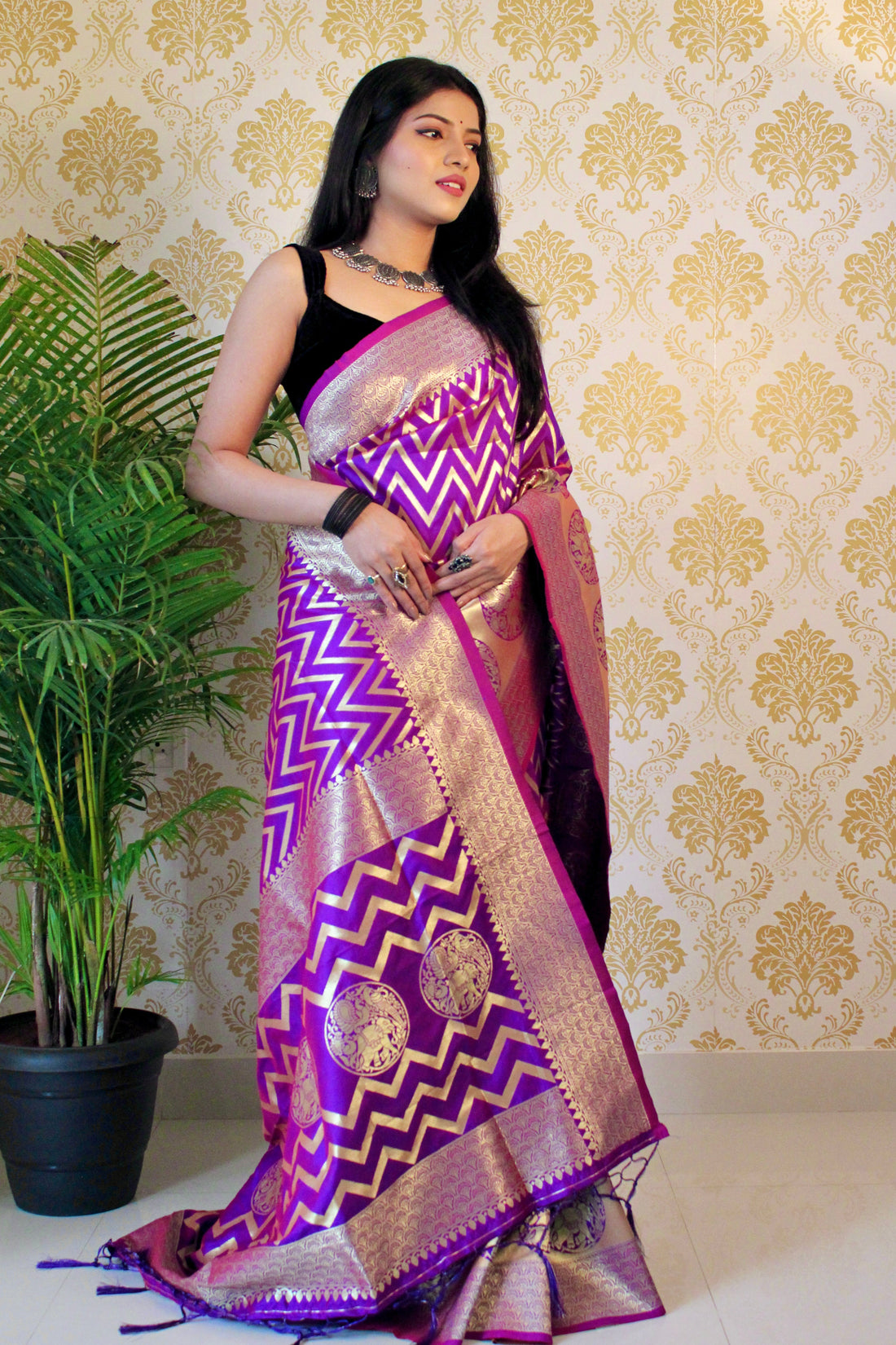 Purple Color Zari Golden Weaving Rich Saree