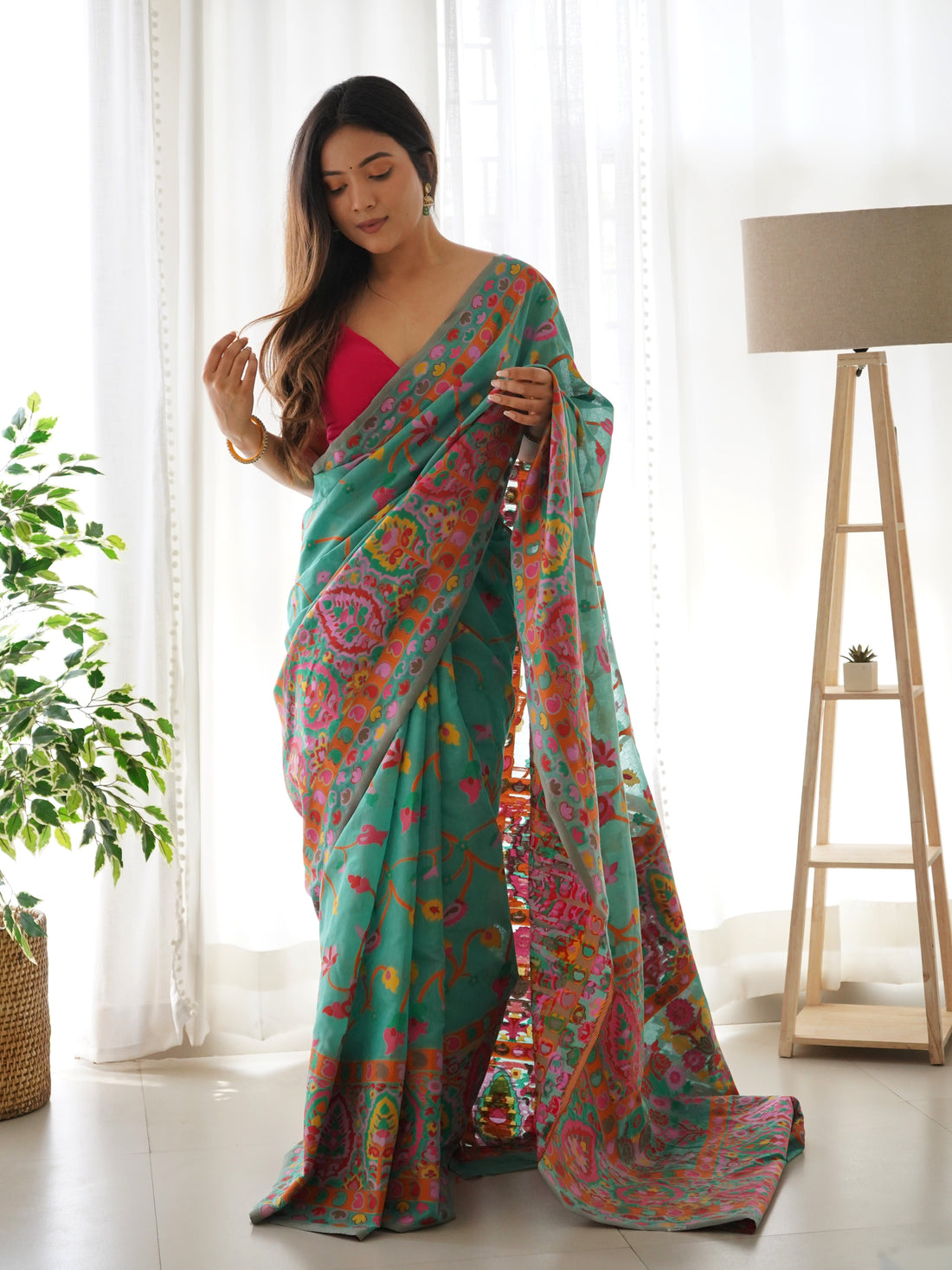 Turquoise Blue-Colored Floral Print Pashmina Cotton Saree