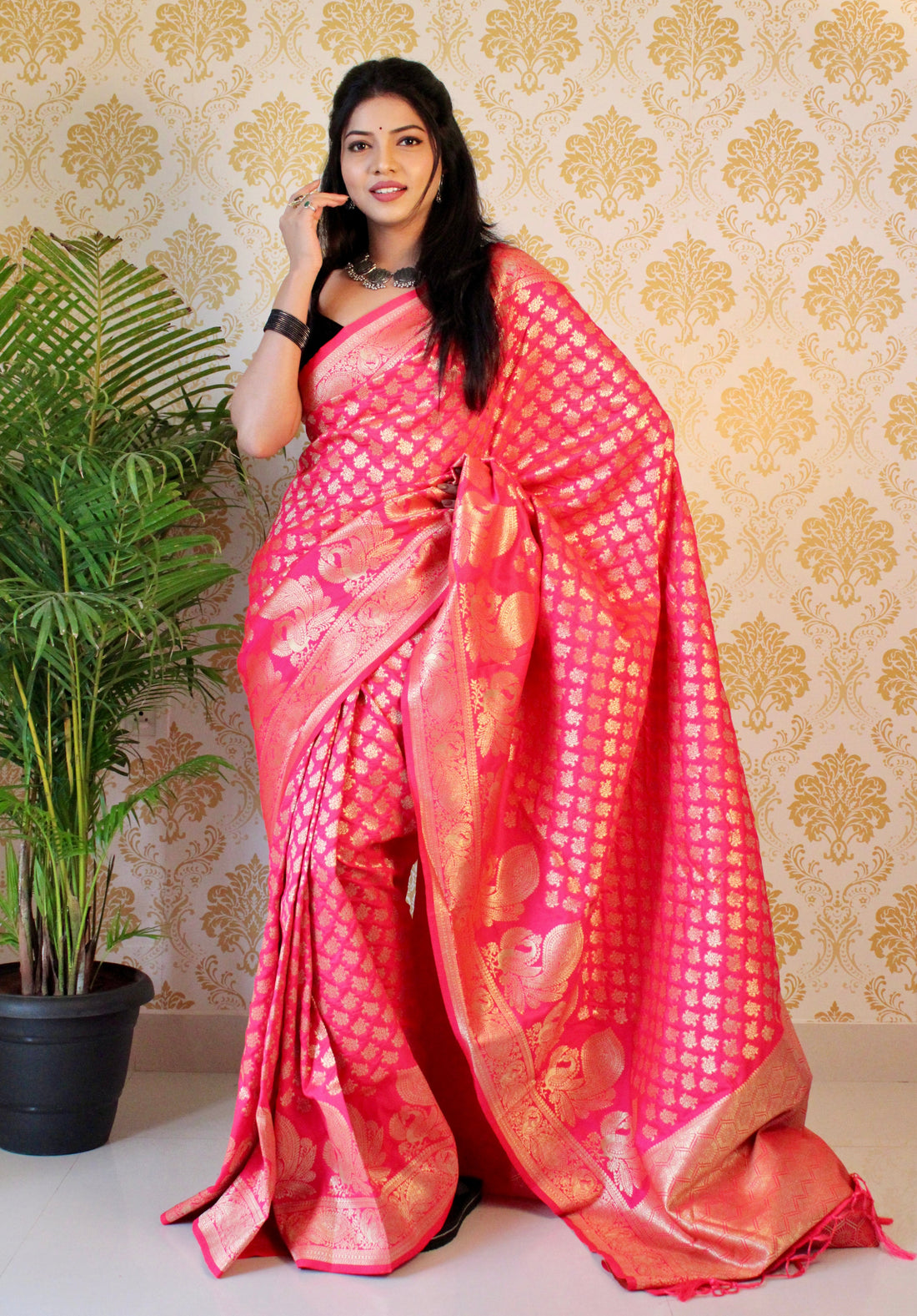 Pink  color Zari Golden Weaving Rich Saree