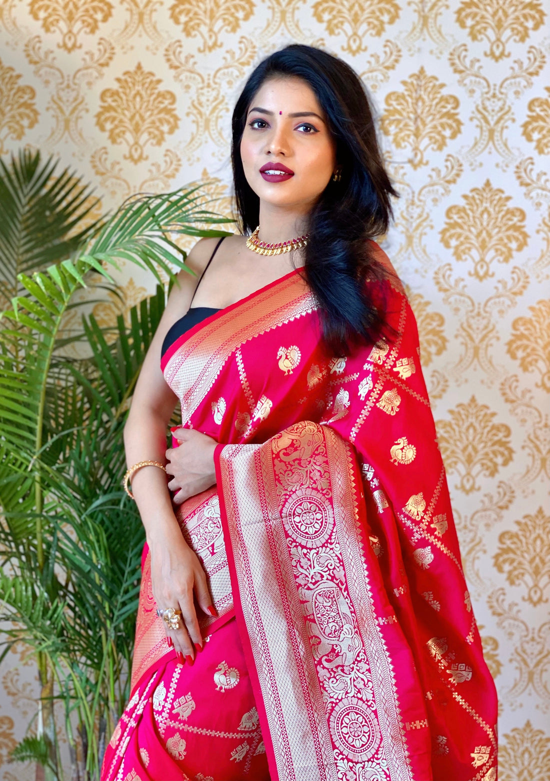 Pink Color Zari Golden Weaving Rich Saree