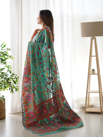 Turquoise Blue-Colored Floral Print Pashmina Cotton Saree
