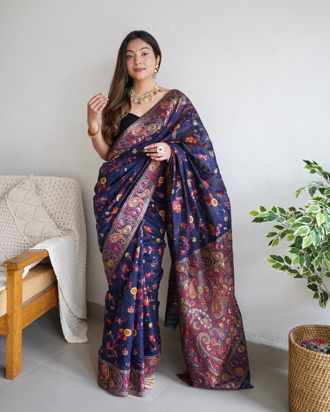 Navy Blue - Colored Floral Print Pashmina Cotton Saree