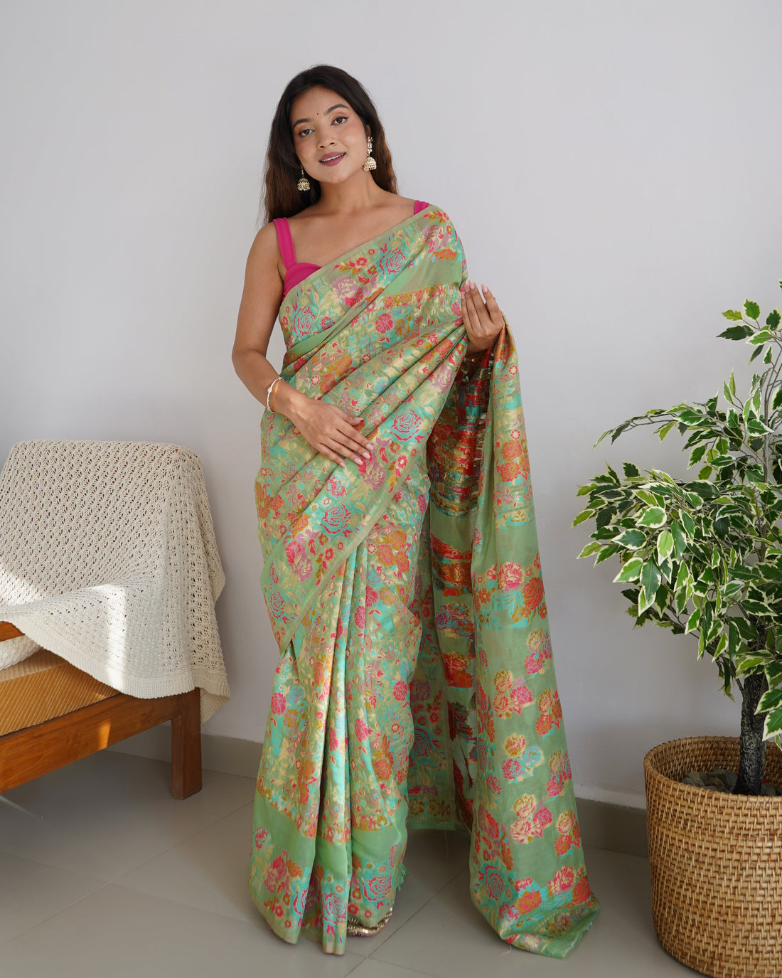 Pastel Green - Colored Floral Print Pashmina Cotton Saree