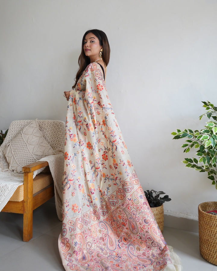 Cream-Colored Floral Print Pashmina Cotton Saree