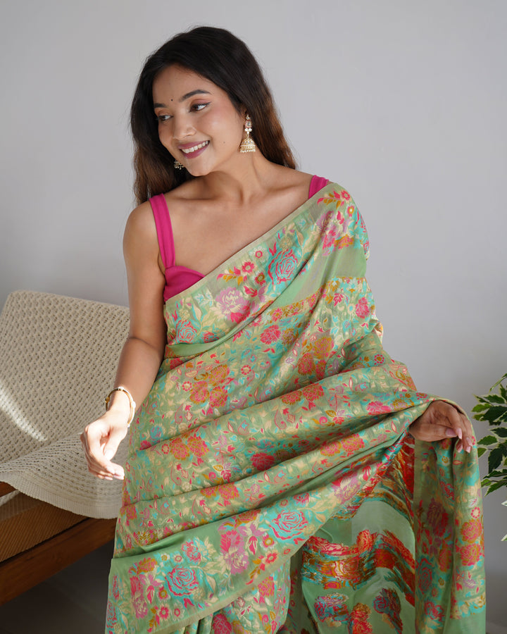 Pastel Green - Colored Floral Print Pashmina Cotton Saree