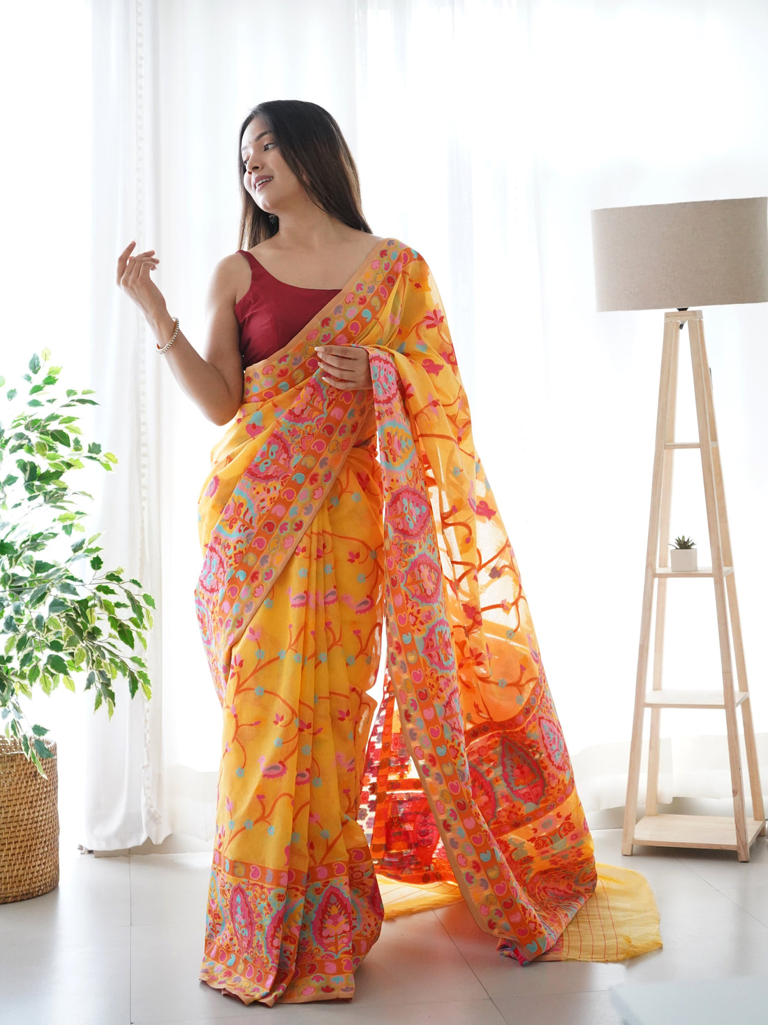 Mustard Yellow-Colored Floral Print Pashmina Cotton Saree