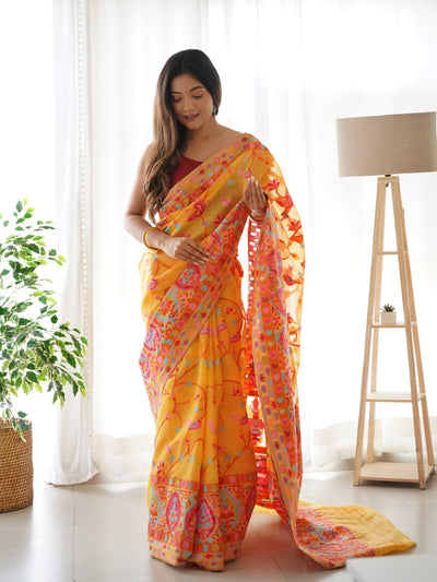 Mustard Yellow-Colored Floral Print Pashmina Cotton Saree