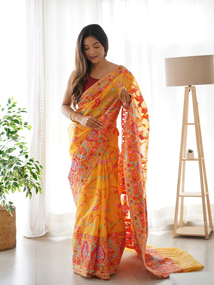 Mustard Yellow-Colored Floral Print Pashmina Cotton Saree