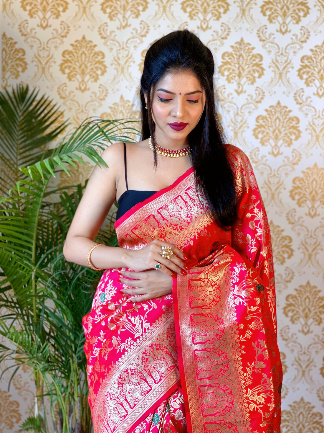 Pink Color Zari Golden Weaving Rich Saree