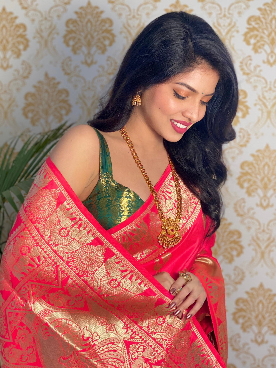 Coral Pink Color Zari Golden Weaving Rich Saree