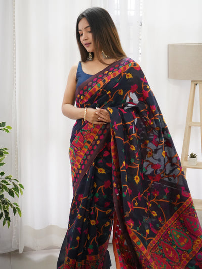 Navy Blue -Colored Floral Print Pashmina Cotton Saree