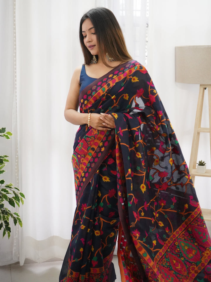 Navy Blue -Colored Floral Print Pashmina Cotton Saree