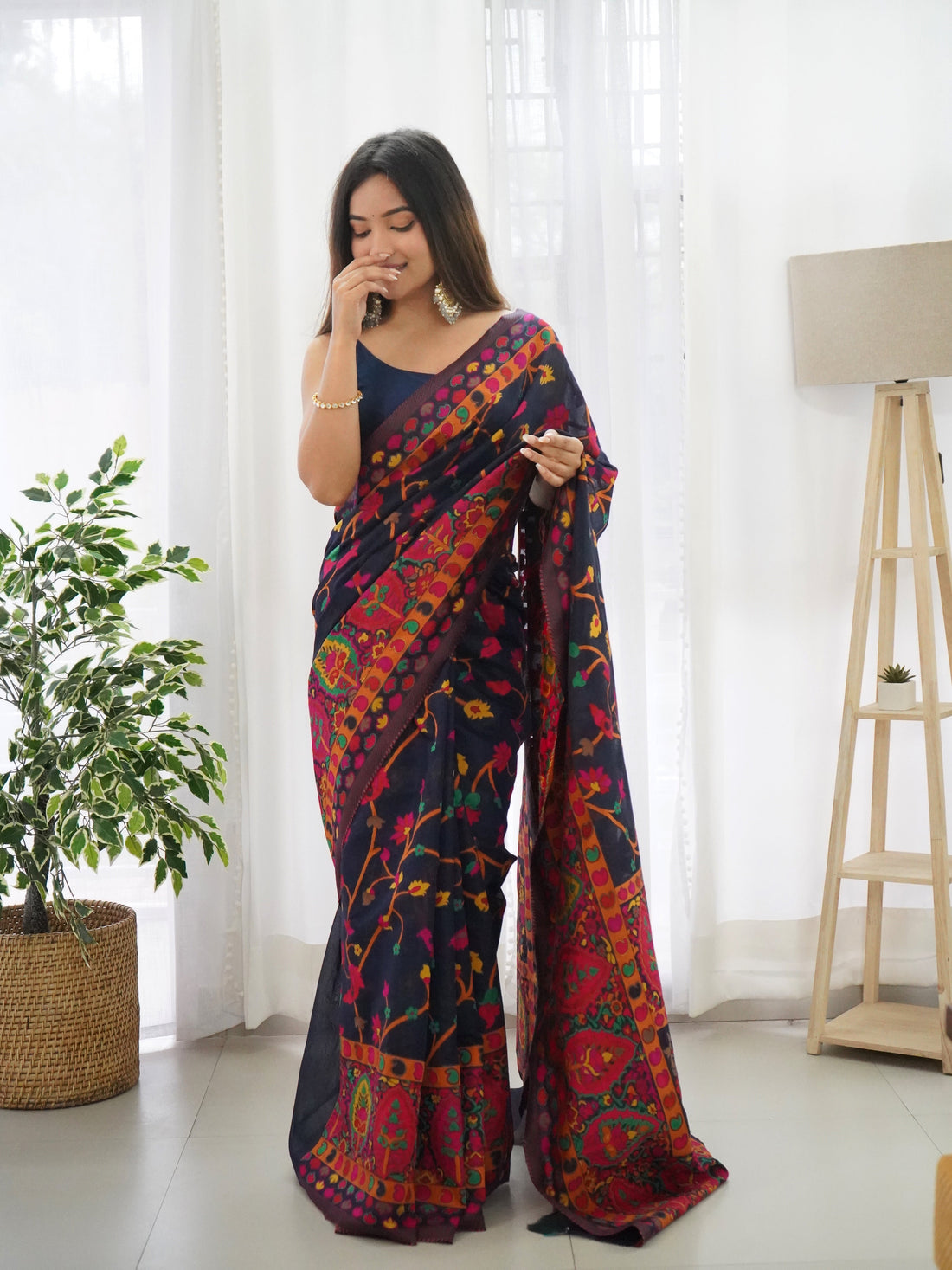 Navy Blue -Colored Floral Print Pashmina Cotton Saree
