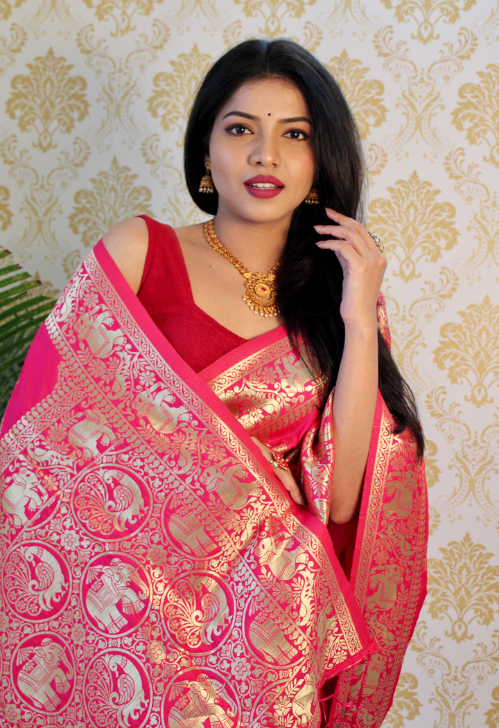 Pink  color Zari Golden Weaving Rich Saree