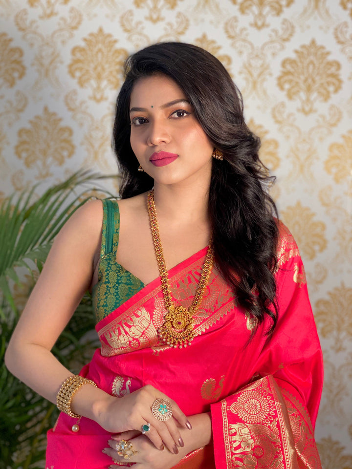Coral Pink Color Zari Golden Weaving Rich Saree