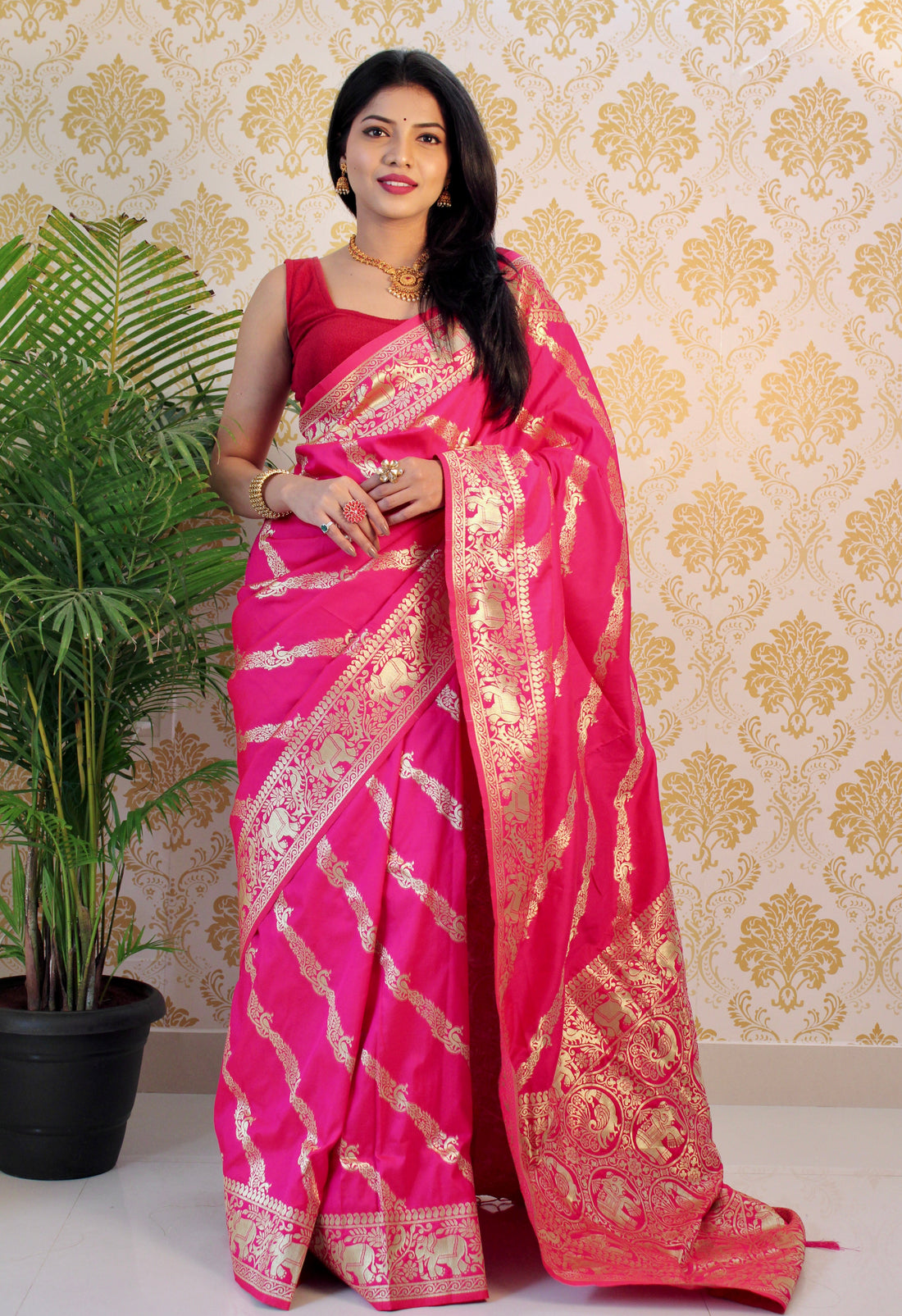 Pink  color Zari Golden Weaving Rich Saree