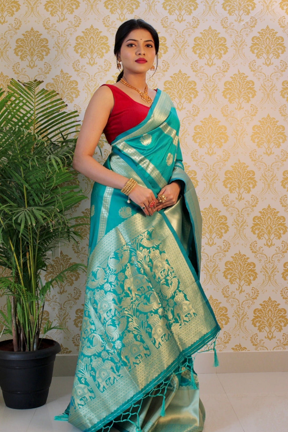 Turquoise Color Zari Golden Weaving Rich Saree